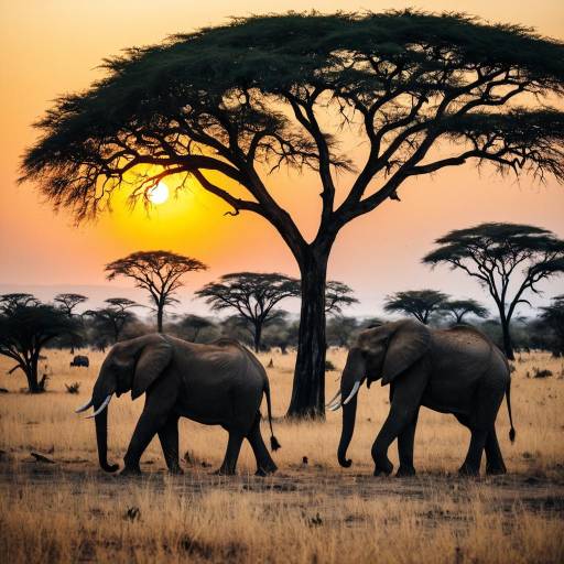 Elephants Walking in African Savannah at Sunset