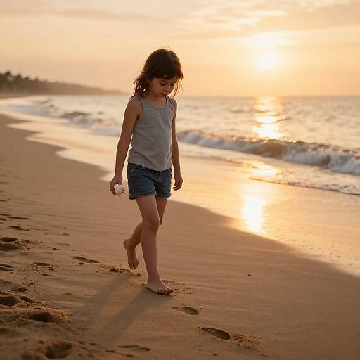 Little Girl Exploring Sandy Beach at Sunset