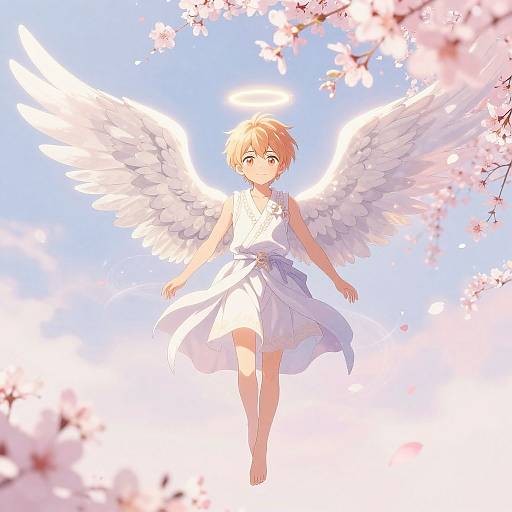 Anime-style digital illustration of a blonde, winged angel with a halo, wearing a white dress, floating amidst cherry blossoms against a bright blue sky