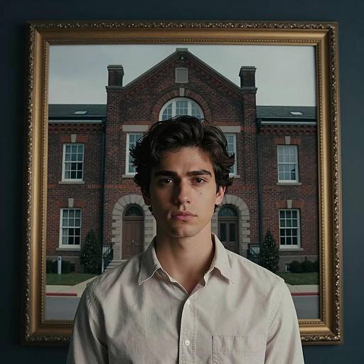 Young Man Posed Before Dark-Brick Building