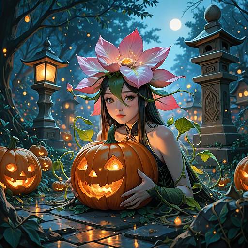 Digital art of a beautiful, green-haired woman with a pink lotus flower crown, holding a glowing jack-o'-lantern in a moonlit,