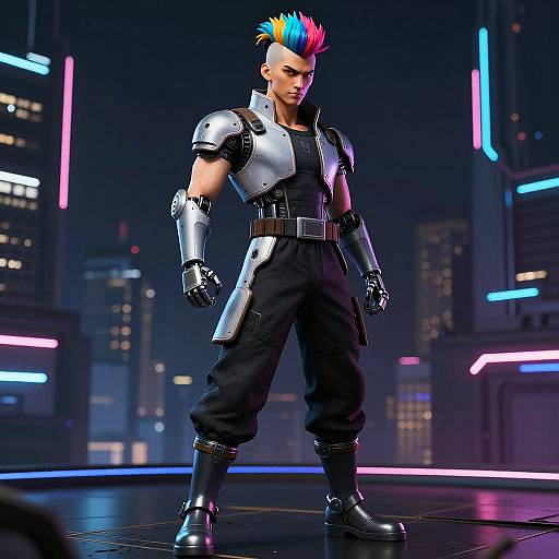 CGI image of a muscular man with colorful mohawk, silver armor, black pants, and boots, standing in a neon-lit futuristic cityscape