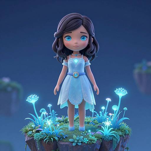 CGI doll with large blue eyes, wearing a white off-shoulder dress, standing on a glowing, moonlit mossy cliff surrounded by lum