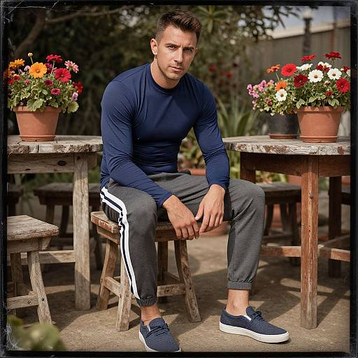 Man in Navy Rash Guard on Sunny Patio