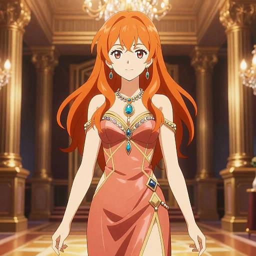 Anime Woman in Satin Evening Dress in Lavish Ballroom