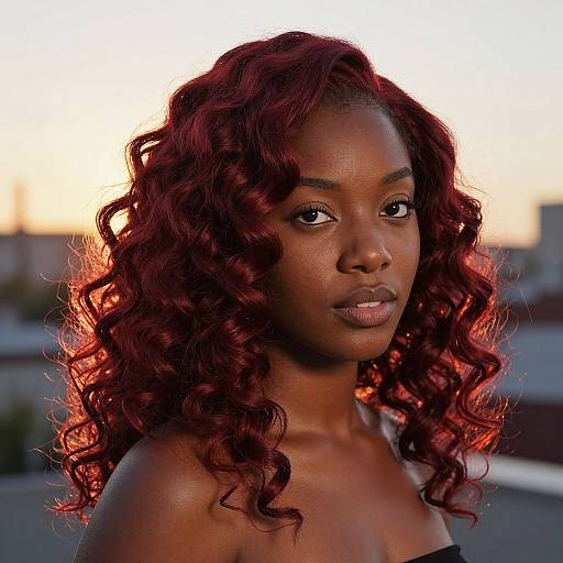 Photograph of a beautiful young Black woman with curly, vibrant red hair, dark skin, and subtle makeup, set against a sunset sky.