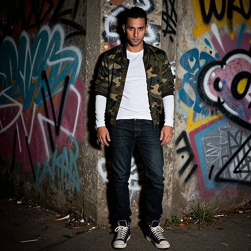 Photograph of a young man with short dark hair, wearing a camouflage jacket, white shirt, jeans, and black sneakers, standing against a graffiti-covered