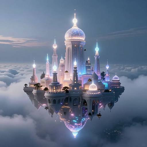 Digital artwork of a glowing, futuristic mosque-like island with domes and minarets, floating above clouds at night, illuminated by vibrant blue and white