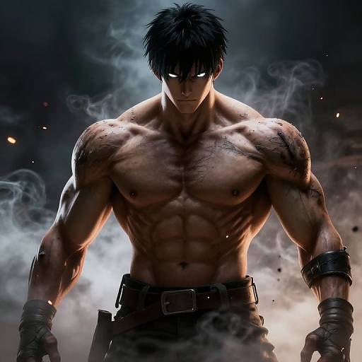 Digital art of a muscular, shirtless man with glowing white eyes, black hair, scars, and dark wristbands, standing amid smoky light.
