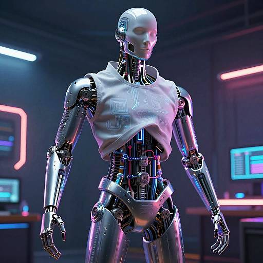 CGI image of a sleek, metallic humanoid robot with a white sleeveless top, standing in a neon-lit futuristic lab.