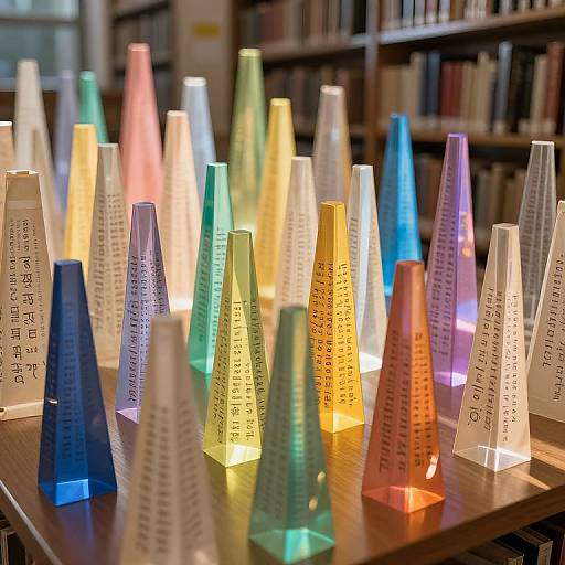 Photograph of colorful, translucent, cone-shaped paper lanterns with Chinese text, illuminated on a wooden table in a library. Shelves of books in