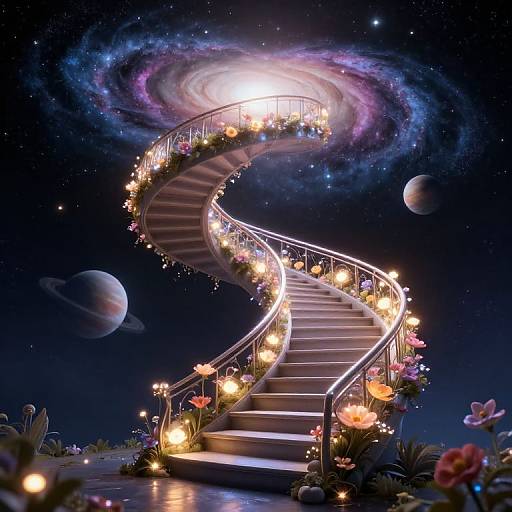 Digital art of a spiraling staircase adorned with glowing flowers, lit by soft lights, set against a cosmic night sky with planets.