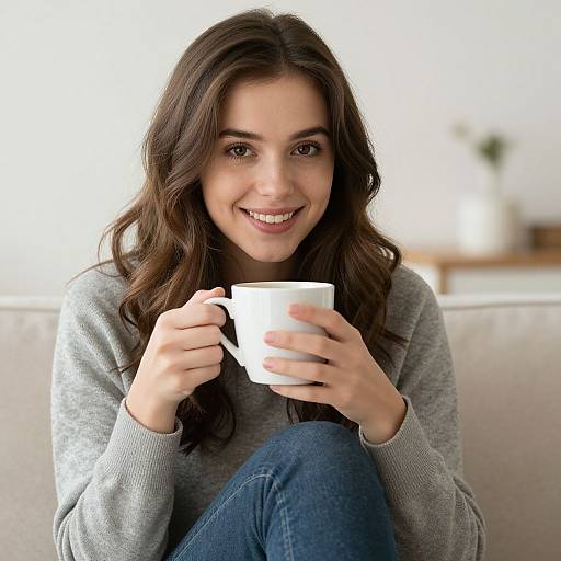 Photograph of a smiling young woman with long brown hair, wearing a gray sweater and blue jeans, holding a white mug while sitting on a couch.