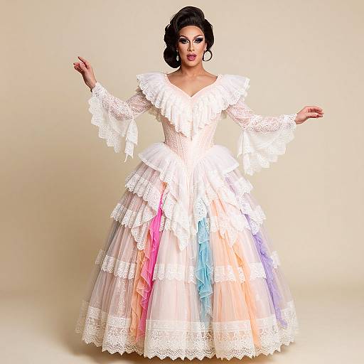 Photograph of a woman in a white, multi-layered, lace-trimmed ball gown with colorful tulle layers, standing against a beige background