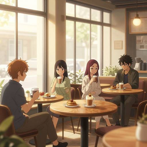 Digital anime-style drawing of four young adults, two men and two women, sitting at a sunlit café, drinking coffee and eating breakfast.