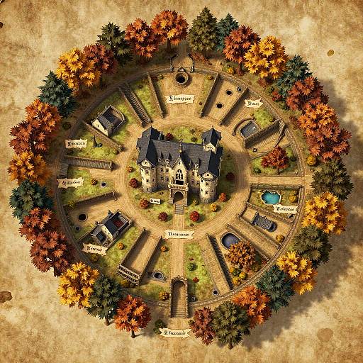Top-down CGI of a circular, autumn-themed estate with a central mansion, surrounded by colorful trees, cottages, and ponds, on a textured brown