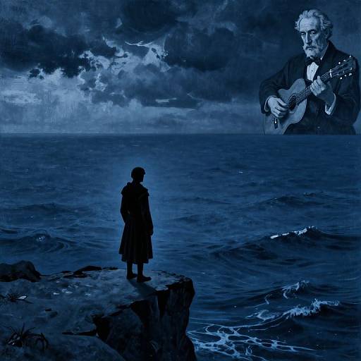 Digital artwork: Silhouetted figure on rocky cliff, facing vast blue ocean under stormy sky, with large, floating portrait of bearded man