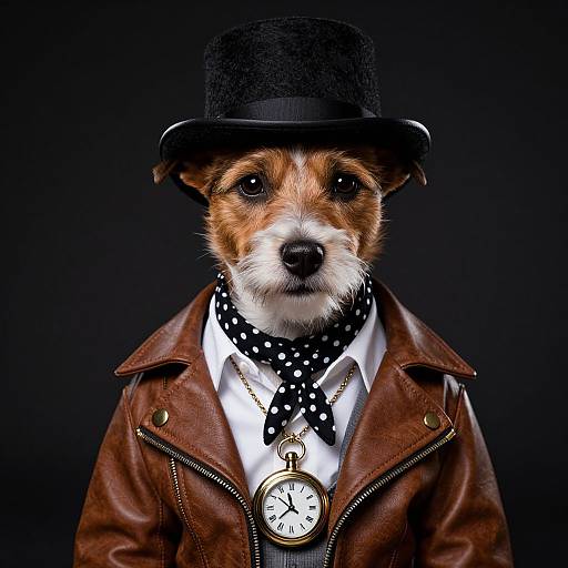 Photograph of a brown and white dog wearing a black top hat, brown leather jacket, white shirt, black polka dot scarf, and a pocket