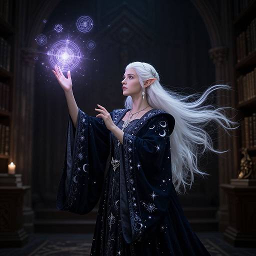 Digital artwork of an elven woman with white hair, pointed ears, and a black, star-patterned robe, conjuring glowing magical orbs in a