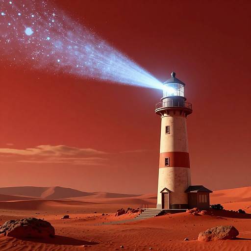 Photograph of a red-hued desert lighthouse with a glowing beam of light, starry sky, and distant mountains, creating a surreal, other