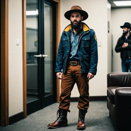 Man in Blue Jacket and Brown Pants with Hat