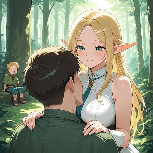 Elf Girl Embracing Boy in Forest