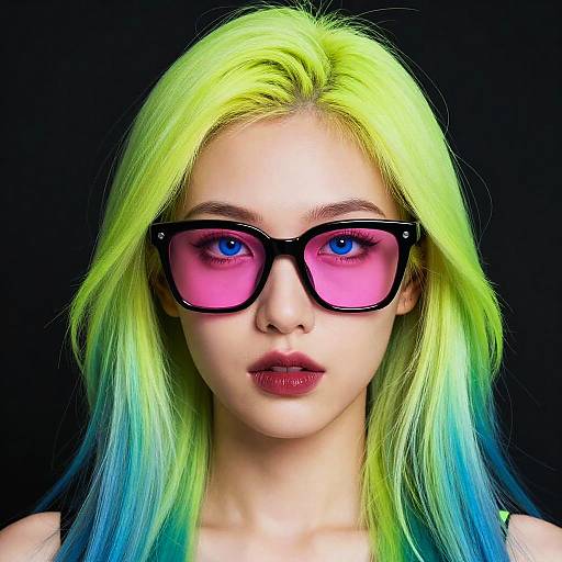Photograph of a young woman with vibrant lime green and blue hair, wearing pink-tinted black glasses, against a black background.