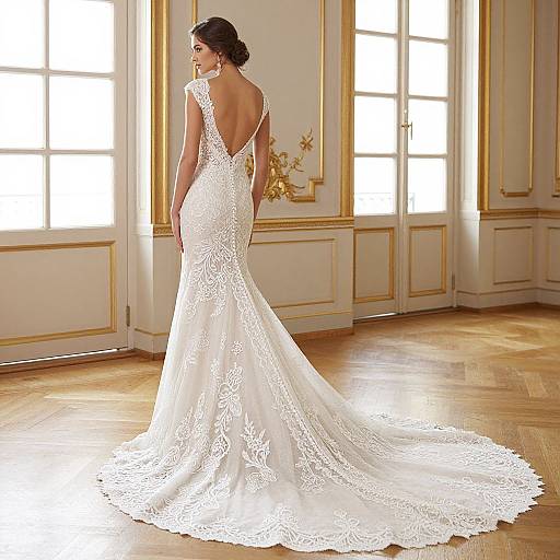 Photograph of a woman with dark hair in an elegant, backless, lace white wedding gown, standing in a bright, ornate room with wooden