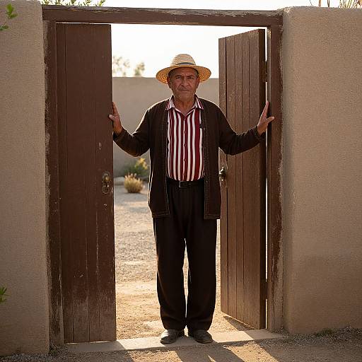 Photograph of an elderly man with light skin, wearing a straw hat, black suit, red and white striped shirt, standing in a doorway, sunlight