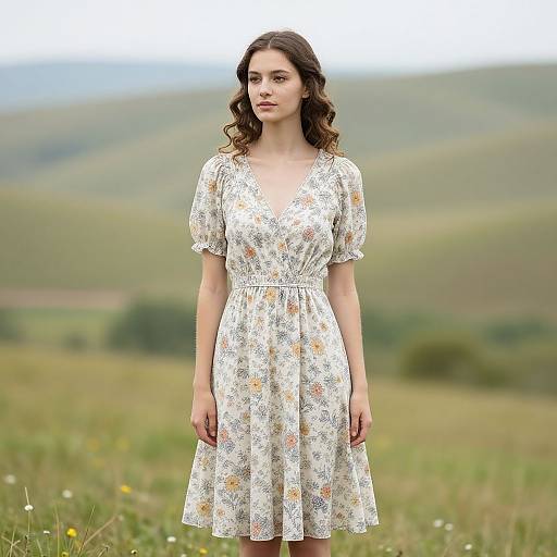 Photograph of a young woman with wavy brown hair, wearing a white floral dress, standing in a green, hilly meadow.