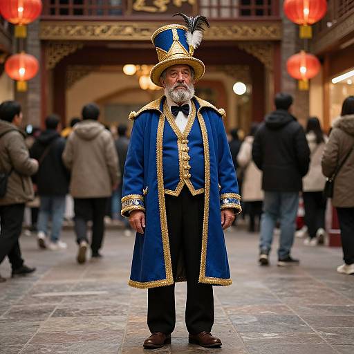 Photograph of an elderly man with a gray beard, wearing a blue and gold-trimmed coat, top hat with black feather, standing in a