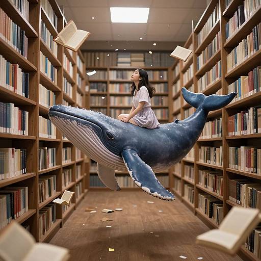 Photograph of a young Asian woman in a white dress riding a blue whale through a library aisle, with floating books.