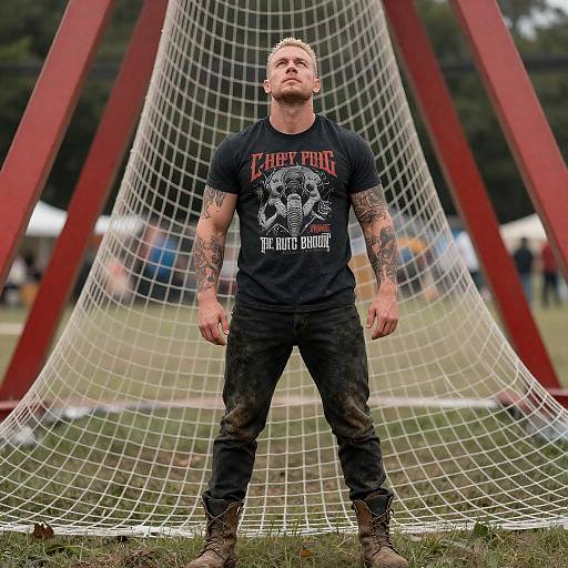 Muscular Tattooed Man Standing in Large Net Frame