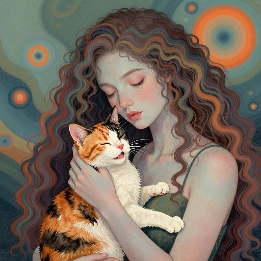 Serene Woman with Multi-Colored Cat Illustration