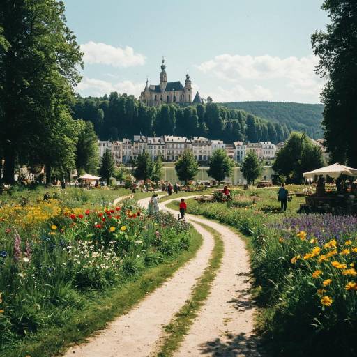Flower-filled Pathway Leading to French Riverside Village