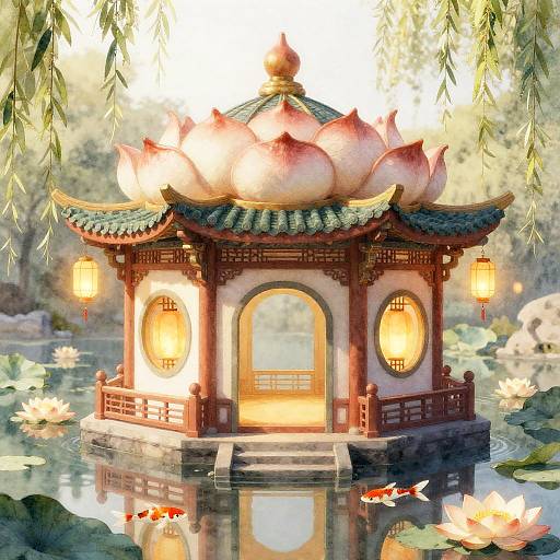 Whimsical Lantern-Lotus Pavilion Illustration