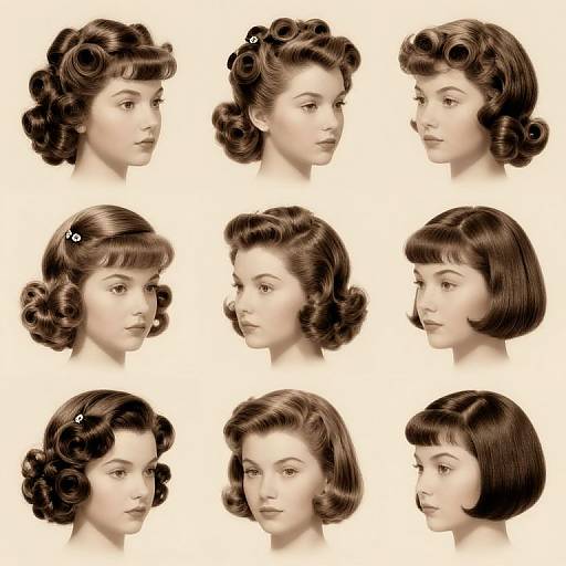 Digital illustration of nine vintage-style female portraits with various dark brown, curled hairstyles, showcasing different profiles and expressions. White background.