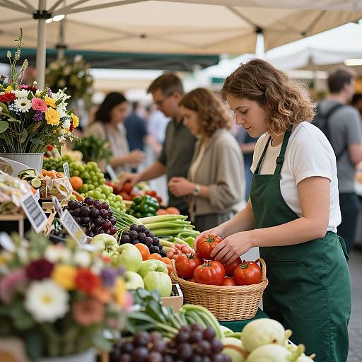 Photograph of a young woman with curly brown hair, wearing a green apron over a white shirt, selecting red tomatoes at a vibrant outdoor farmers market