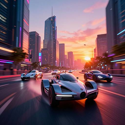Photograph-like CGI of sleek, futuristic cars racing on a neon-lit city street at sunset, with skyscrapers and vibrant, colorful lights in