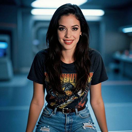 Photograph of a smiling woman with long dark hair, wearing a black graphic t-shirt and distressed blue jeans, in a dimly lit industrial hallway.