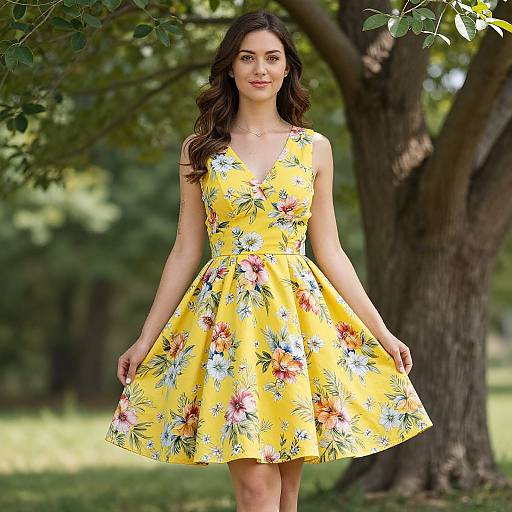 Photograph of a smiling brunette woman in a vibrant yellow floral dress, standing in a sunlit, tree-filled park.