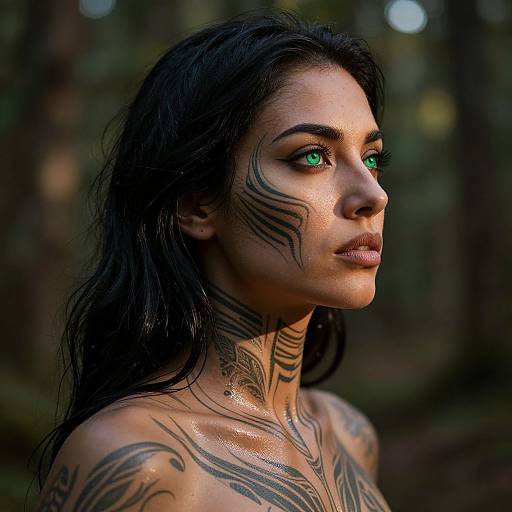 Photograph of a tattooed, topless woman with wet, dark hair, glowing green eyes, and intricate black tribal tattoos on her face and neck