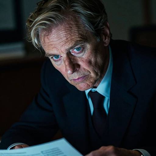 Photograph of an intense, middle-aged man with gray hair and blue eyes, wearing a black suit and white shirt, holding papers under dramatic blue lighting