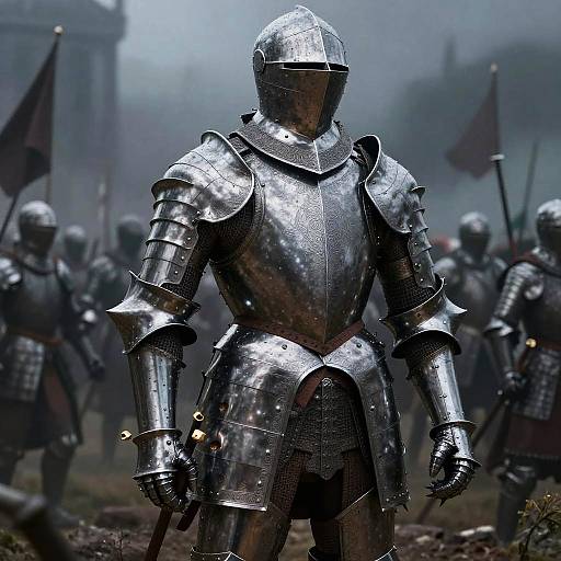 Photograph of a medieval knight in shiny, full plate armor with a faceless helmet, standing amidst a foggy battlefield with blurred soldiers and flags.