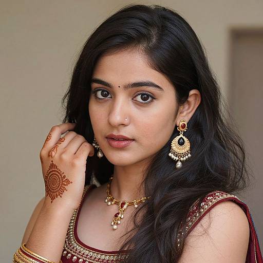 Photograph of a young South Asian woman with long black hair, dark eyes, wearing traditional gold jewelry and a maroon embroidered blouse, adorned with a