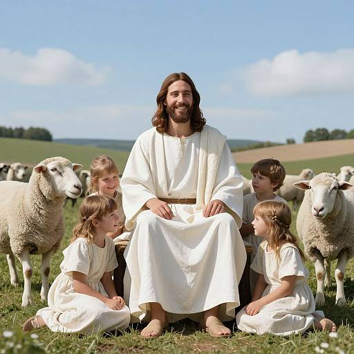 Photograph of Jesus in white robes, surrounded by five children and sheep, in a sunny, green field with blue sky.