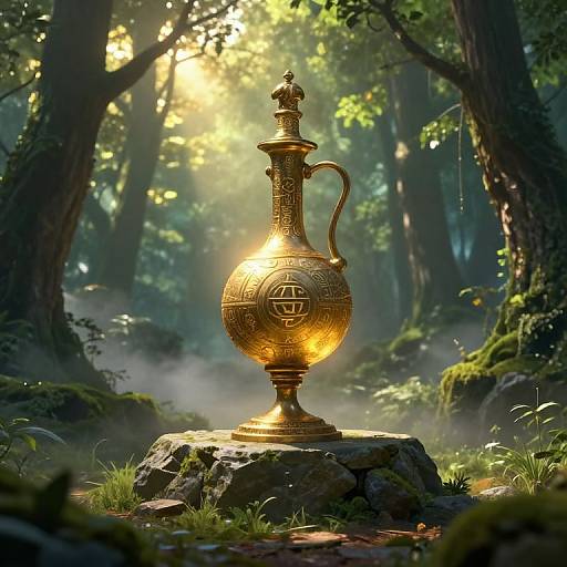 Photorealistic digital artwork of a glowing, ornate golden vase with intricate patterns, standing on a mossy rock in a mystical, sunlit forest