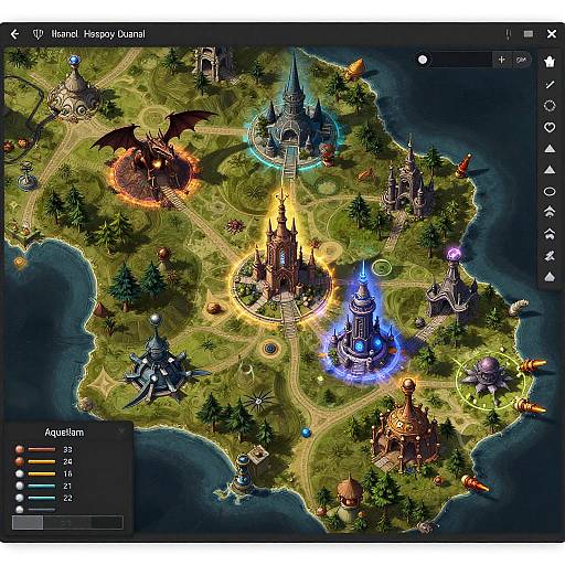 Digital map of a fantasy island game, featuring colorful, glowing castles, dragon, and forest, with a zoomed-in interface overlay.