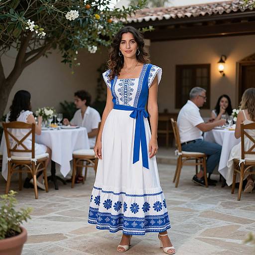 Photograph of a woman with wavy brown hair, wearing a white dress with blue floral patterns and a blue ribbon, standing in a courtyard with dining