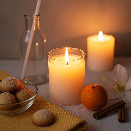 Warm photograph of lit candles, glass bottle, orange, walnuts, white lily, cinnamon sticks, and yellow mat, creating cozy ambiance.